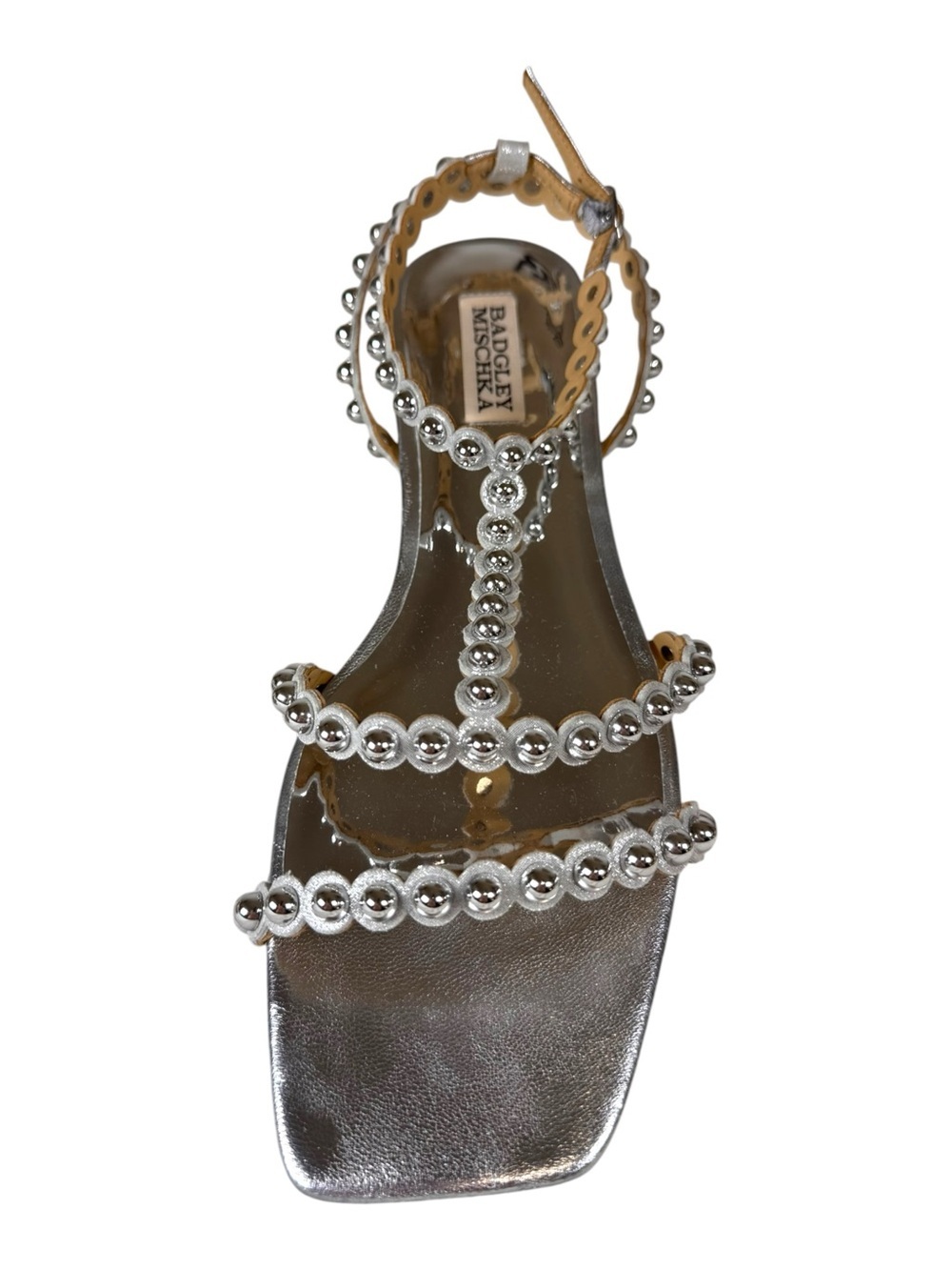 Badgley Mischka Metallic Silver Studded Flat Sandals NWT Square Toe Size 8.5